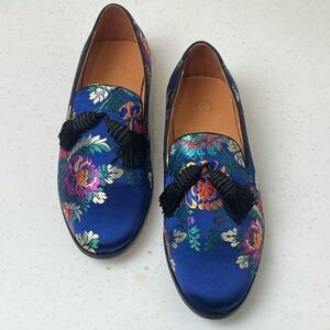 Luxury Blue Floral Loafers with Tassels – Italian Fabric Dress Shoes